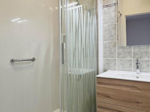 une salle de bain avec douche et lavabo dans l'établissement Appartement T2 Confortable avec Terrasse, Proche Centre Ville et Thermes, Cambo-les-Bains - FR-1-495-30, à Cambo-les-Bains