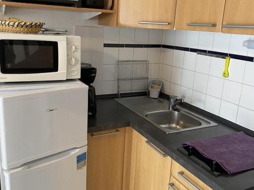 une cuisine avec un évier et un micro-ondes dans l'établissement Charmant F2 avec mezzanine, jardinet, terrasse et parking - 4 couchages, Balaruc-les-Bains - FR-1-680-18, à Balaruc-les-Bains