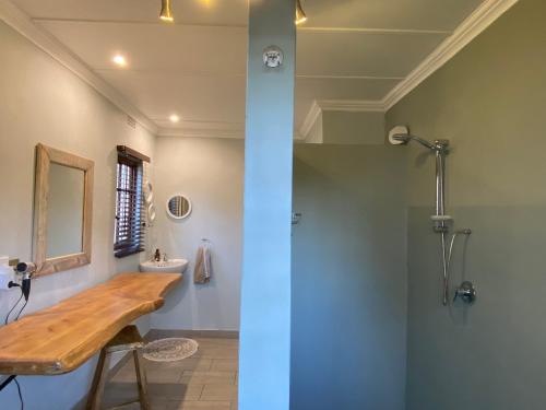 baño con ducha y mesa de madera en Cape Chameleon, en Nottingham Road