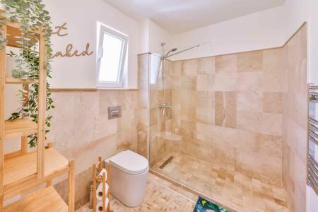 a bathroom with a shower and a toilet at Villa Blue, LaVanta, Kalkan in Kalkan