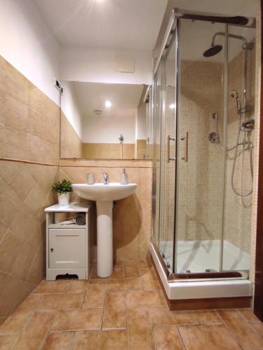 un bagno con lavandino e doccia di Casa al Trevio a Tivoli