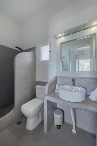 a bathroom with a sink and a toilet and a mirror at Aegean Paradiso Vacation Club - "Adults Only" in Azolimnos