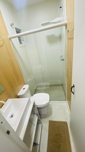 a bathroom with a toilet and a sink and a shower at Kitinete Mobiliada in Chapecó