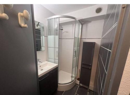 une salle de bain avec une douche, des toilettes et un lavabo dans l'établissement location les pieds dans l'eau, à Canet