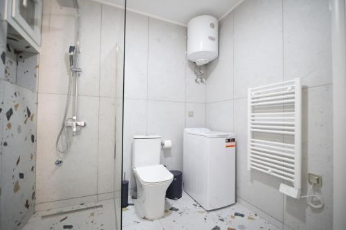 a bathroom with a shower and a toilet in it at Ε121 Luxury Suites in Edessa