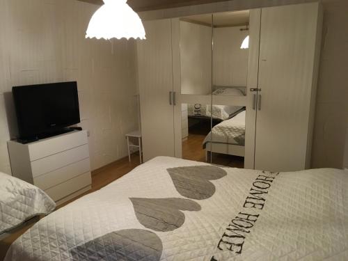 a bedroom with a bed and a tv and a mirror at FeWo Eberau in Ebrach
