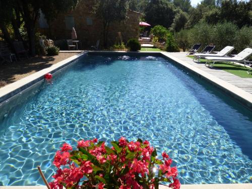 una piscina con agua azul y flores rojas en la bergerie des colles, en Entrecasteaux