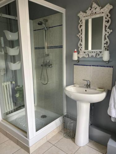 une salle de bain avec douche et lavabo dans l'établissement Maison de ville, à Broons