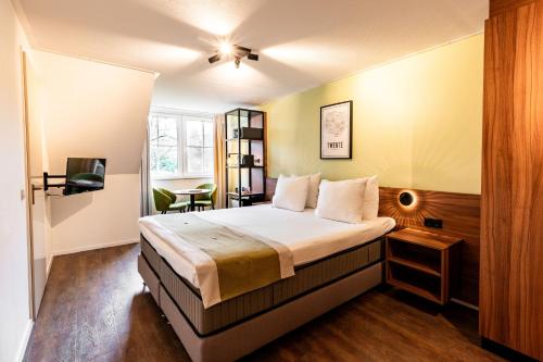 a bedroom with a bed and a tv in it at Landhuis Hotel de Herikerberg in Markelo