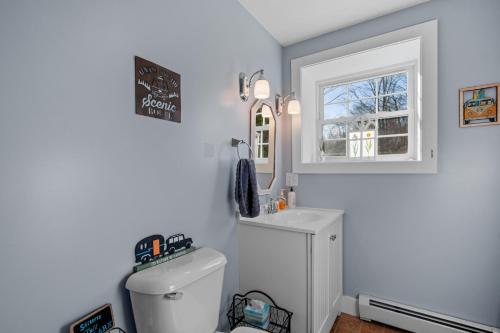 a bathroom with a toilet and a window at Ski Home on Bell Valley in Campton
