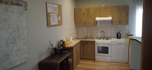 a kitchen with wooden cabinets and a white stove top oven at Kaszubskie Nuty in Miechucino