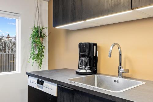 a kitchen with a sink and a coffee maker on a counter at Venture Vacations - Best Possible Location-Laugavegur Luxury Loft in Reykjavík