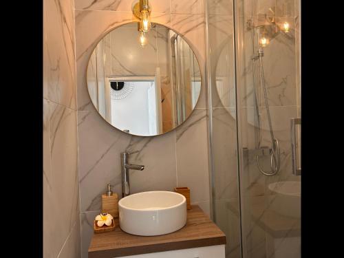 une salle de bain avec un lavabo et un miroir dans l'établissement Cocon des Minimes - Appt pour 3 avec balcon, à Toulouse