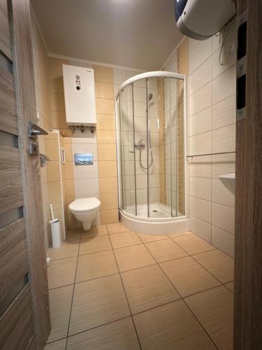 La salle de bains est pourvue d'une douche et de toilettes. dans l'établissement Apartmány Telgárt, à Telgárt