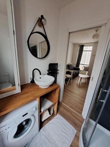 een badkamer met een wasmachine en een spiegel bij Appartement Vichy Centre-ville Proche Cure Thermale in Vichy