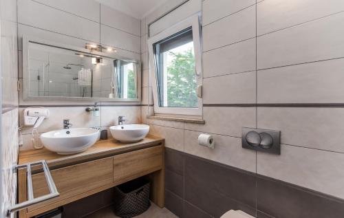 uma casa de banho com 2 lavatórios e um espelho em Modern villa zara with pool in Visnjan em Radossi