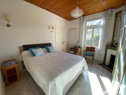 - une chambre avec un lit doté d'oreillers bleus et d'une cheminée dans l'établissement MAISON FLEURIE quartier calme, à Arcachon
