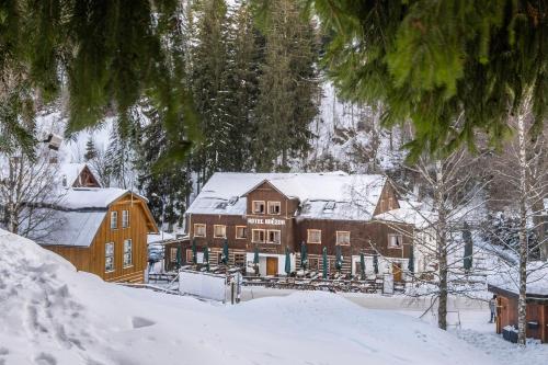 a large house is covered in snow at Hotel Hvezda in Pec pod Sněžkou
