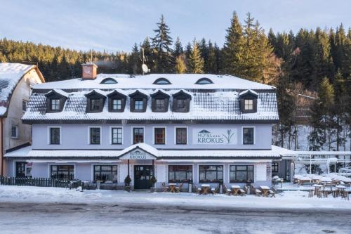 a large white building with dogs in front of it at Hotel Krokus in Pec pod Sněžkou