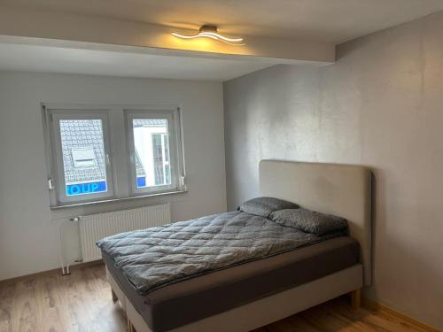 1 dormitorio con 1 cama y 2 ventanas en Neu-Isenburg 2 x Zimmerwohnung DG, en Neu Isenburg