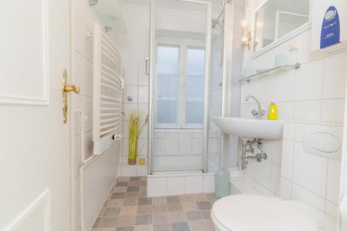 La salle de bains est pourvue d'un lavabo, de toilettes et d'une douche. dans l'établissement Admiralskoje direkt am Hafen, à Flensbourg