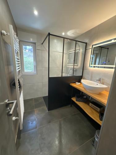 a bathroom with a sink and a mirror at La reine appartement pour deux personnes avec magnifique vue et jacuzzi in Gérardmer