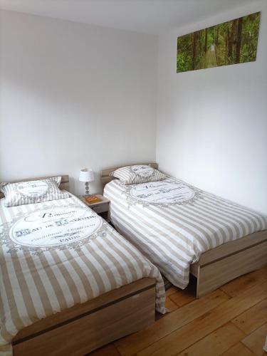deux lits côte à côte dans une pièce dans l'établissement Charmante Maisonnette indépendante avec parking 5 mn Rouen, à Franqueville-Saint-Pierre