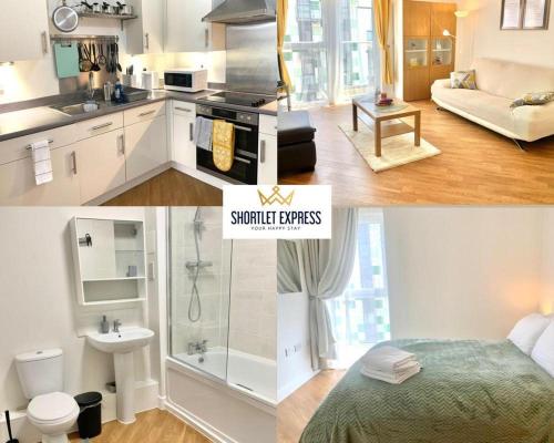 two pictures of a kitchen and a living room at Dagenham 1 bed flat with views in Goodmayes