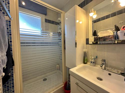 une salle de bain avec douche et lavabo dans l'établissement HYEBOUG Appartement pour 4 personnes dans résidence avec piscine situé sur le port d'Hyères, à Hyères