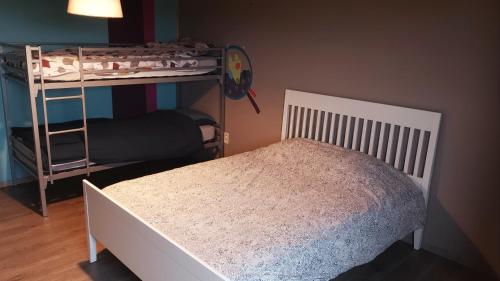 a small bedroom with a bunk bed and a ladder at La course du soleil in Saint-Hubert