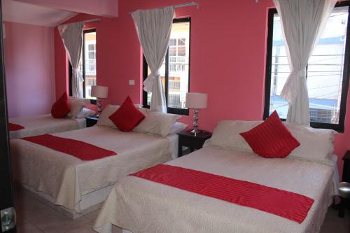 two beds in a room with red walls and windows at Hotel Boutique La Orquidea in Coatepec