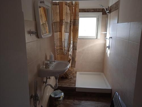 a small bathroom with a sink and a shower at Casa di Paola a Tufo in Santa Paolina