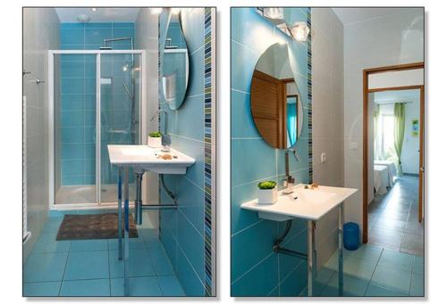 - deux photos d'une salle de bains avec lavabo et miroir dans l'établissement Villa St Pierre bord de mer, 6 vélos, climatisation, Jacuzzi, à Sète
