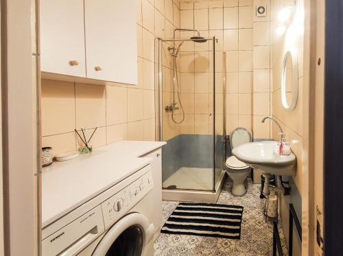 a bathroom with a sink and a washing machine in it at Apartament II Gdańsk - Apartamenty w Górach i nad Morzem in Gdańsk