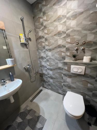 uma casa de banho com um WC e um lavatório em Apartmani Ristanović Užice em Užice