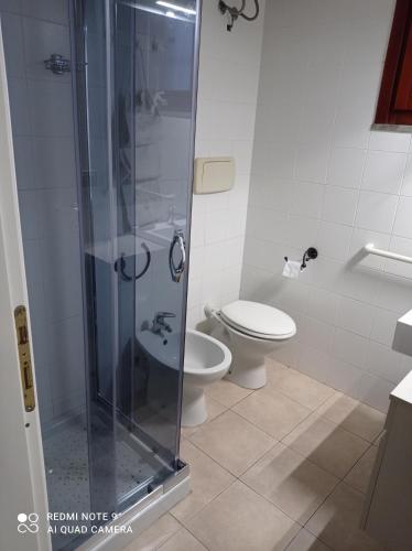 a bathroom with a toilet and a glass shower at Stintino vista mare in Stintino