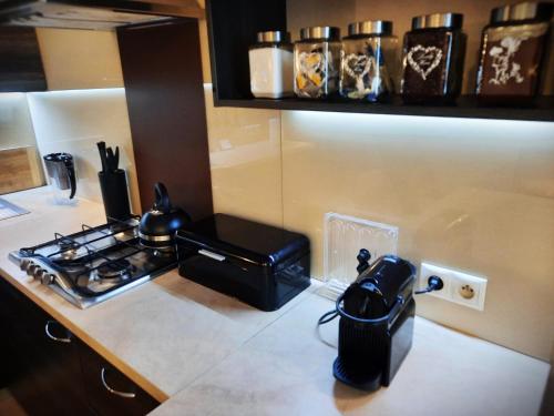 una cocina con estufa y encimera en Luxury Senate Apartment, en Cracovia