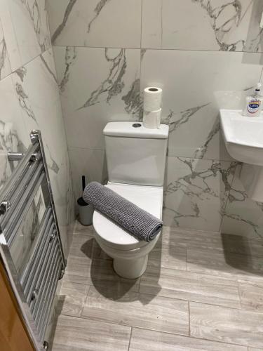 a bathroom with a toilet and a sink at The Six Bells Hotel in Enfield