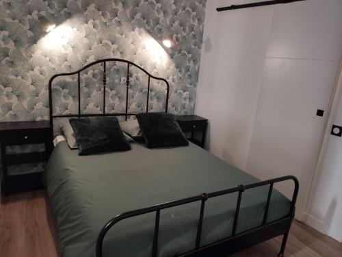 een slaapkamer met een groen bed met 2 zwarte kussens bij Très beau studio quartier Cathédrale bord de Loire in Tours