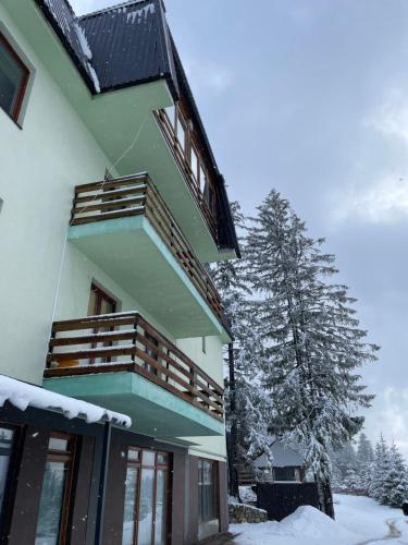 a building with snow on the ground next to a tree at Apartman Mountain View in Vlasic