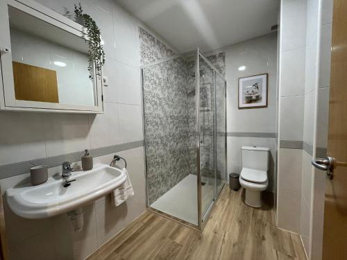 a bathroom with a shower and a sink and a toilet at Old Town Core next to Plaza Nueva in Bilbao
