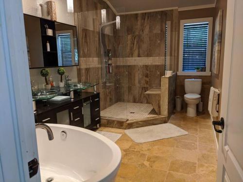a bathroom with a tub and a shower with a toilet at Chalet lacbrome in Lac-Brome