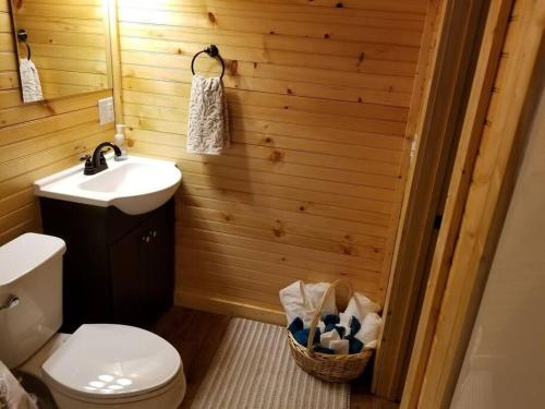 a bathroom with a white toilet and a sink at Waterwheel Cabin by the Creek in Murphy