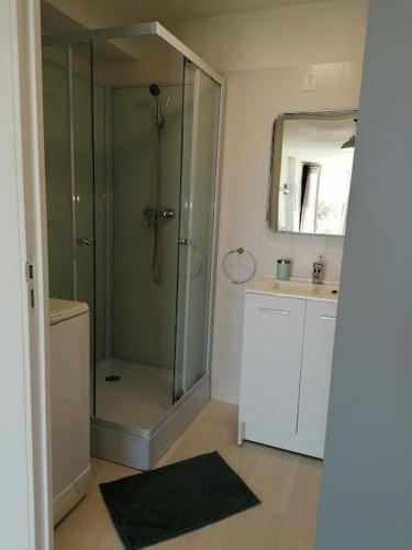 une salle de bain avec une douche, un lavabo et un miroir dans l'établissement Entre Lac et Montagne - Piscine & Tennis, à Prunières