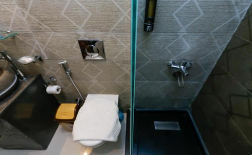 a bathroom with a shower with a toilet and a sink at Diamond Pyramids View Inn in Cairo