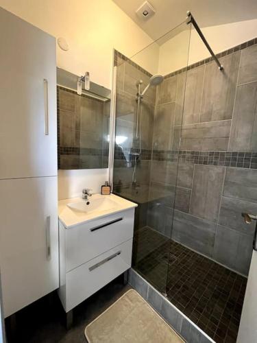 La salle de bains est pourvue d'un lavabo et d'une douche avec une porte en verre. dans l'établissement L'Éden - Centre ville & Gare, à Rennes