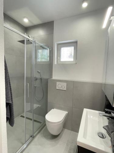 uma casa de banho com um chuveiro, um WC e um lavatório. em Modernes Apartment im Zentrum von Karlsruhe em Karlsruhe