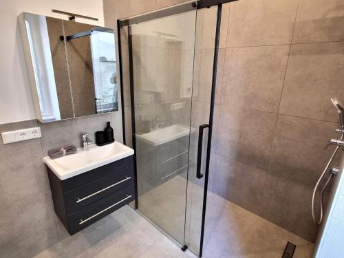 a bathroom with a shower and a sink at Modernes Apartment im Zentrum von Karlsruhe in Karlsruhe