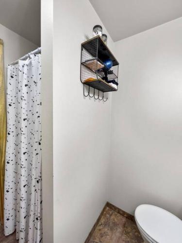 a bathroom with a toilet and a bird cage on the wall at Hottub Hideaway BHBungalows #6 in Custer