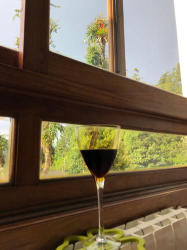 a glass of wine sitting in front of a window at Flat Gramado Home Sweet Home in Gramado